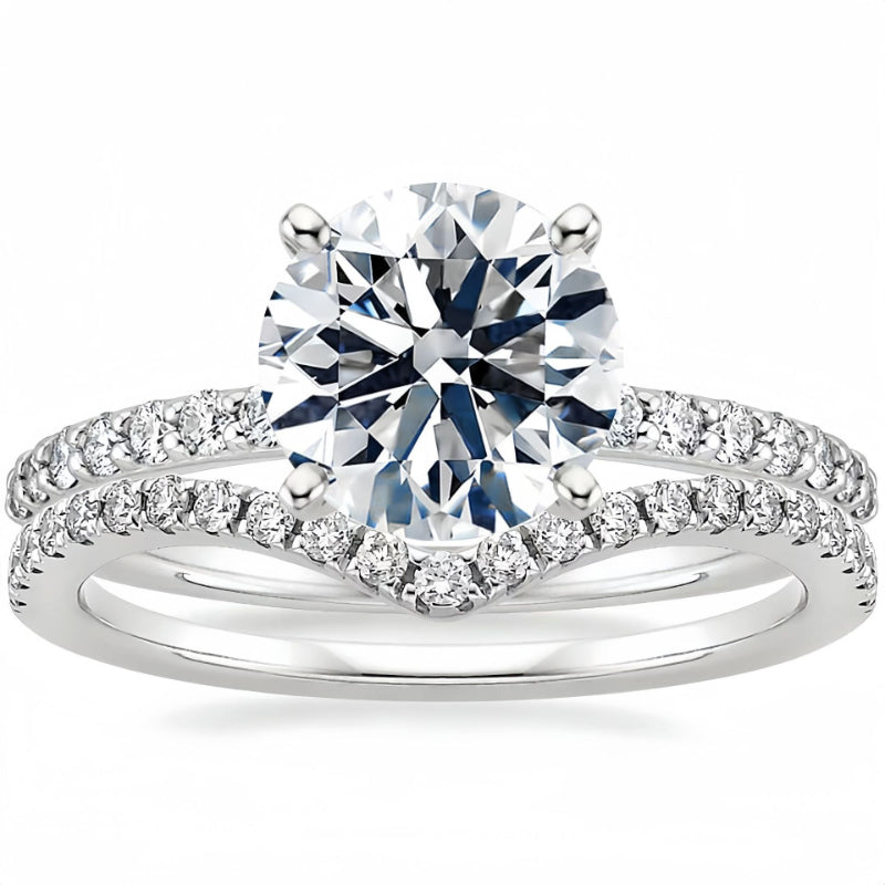 Classic 4 Prong Round Cut Sterling Silver Engagement Ring with Band