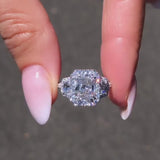 Exquisite Radiant Cut Halo Three Stone Engagement Ring In Sterling Silver