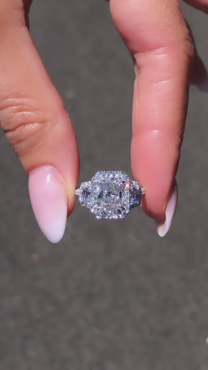 Exquisite Radiant Cut Halo Three Stone Engagement Ring In Sterling Silver