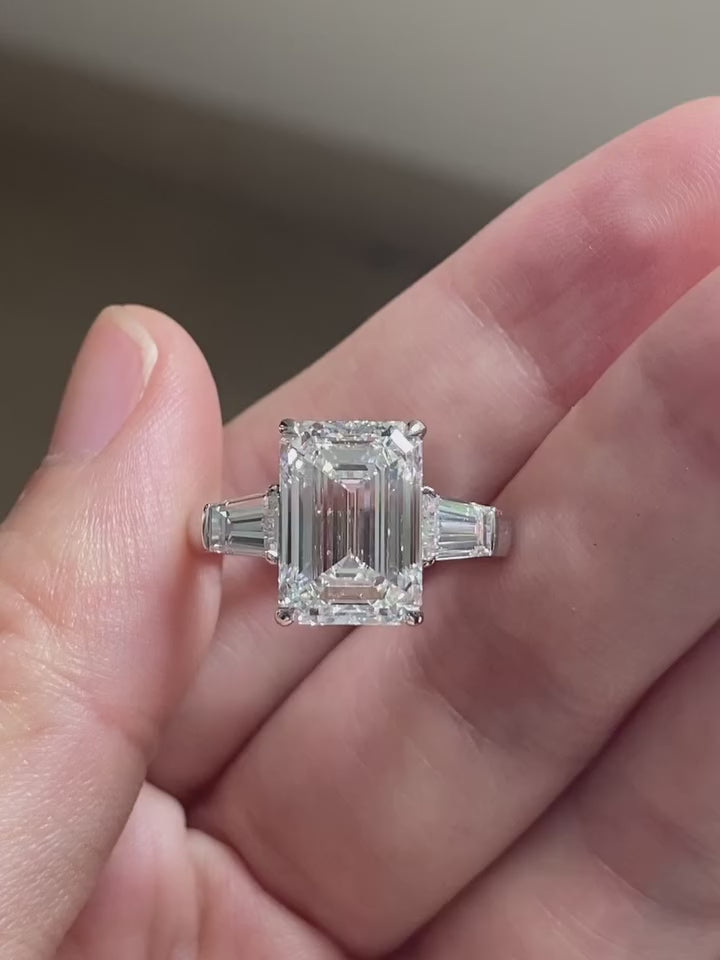 Classic Three Stone Emerald Cut Sterling Silver Engagement Ring