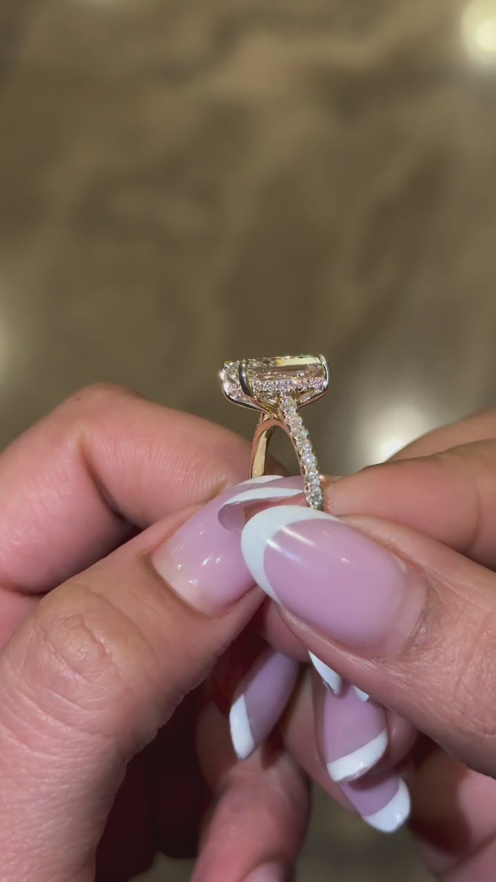 Radiant Cut Hidden Halo Engagement Ring With Half Paved Band