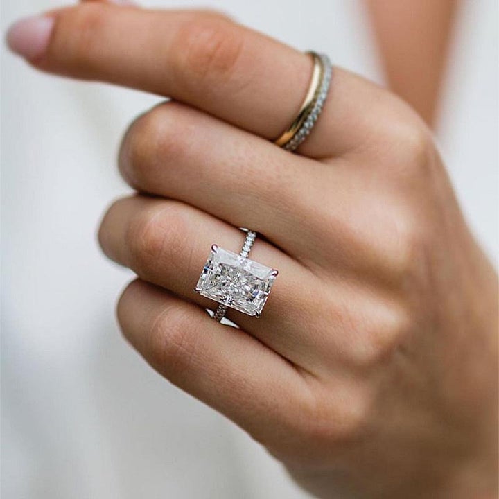 Radiant Cut Sterling Silver Engagement Ring With Half Eternity Band