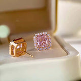 Pink Radiant Cut Rose Golden Plated Stud Earrings