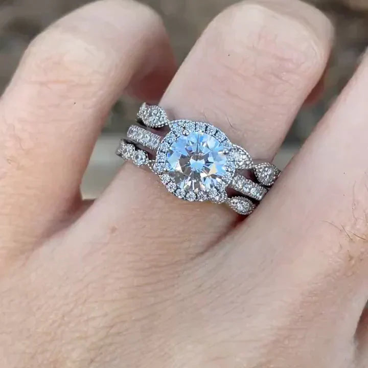 Exquisite 3-Piece Halo Round Cut Sterling Silver Bridal Sets- ONLY Size 7.0 Avaliable