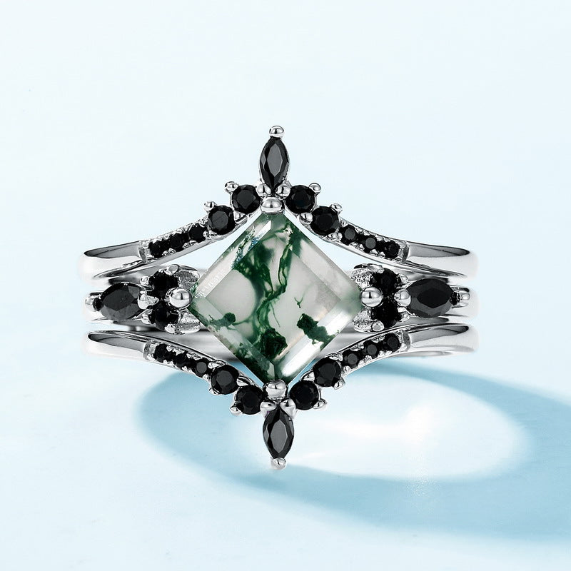 3 Pcs Geometric Natural Black And Green Moss Agate Ring Set