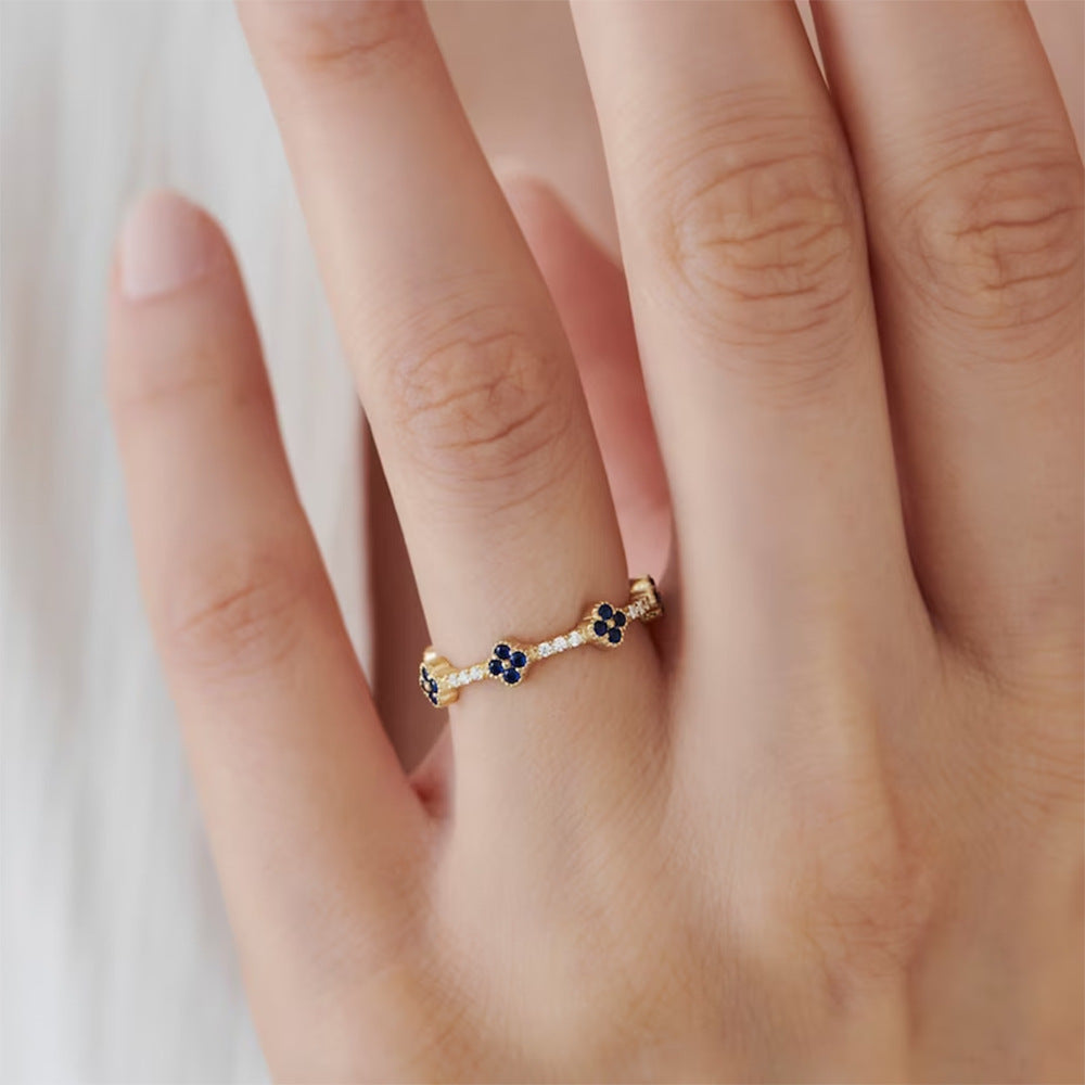 Floral Blue Gemstone Band Ring in 925 Sterling Silver