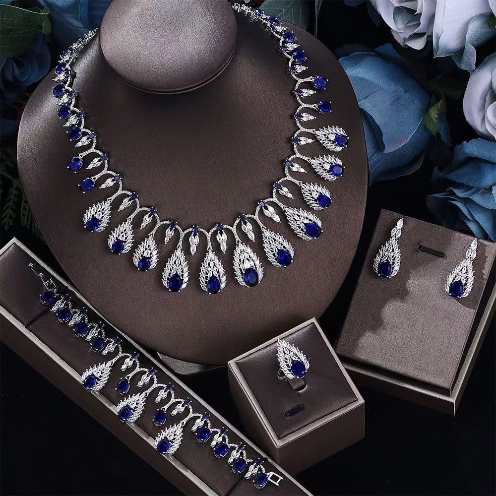 4 Pcs Luxury Dazzling Full Diamond Colored Evening Dress Jewelry Set