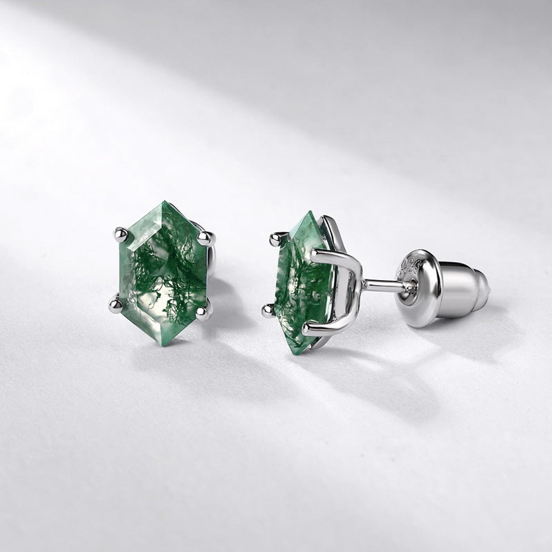 Geometric Green Moss Agate Sterling Silver Stud Earrings