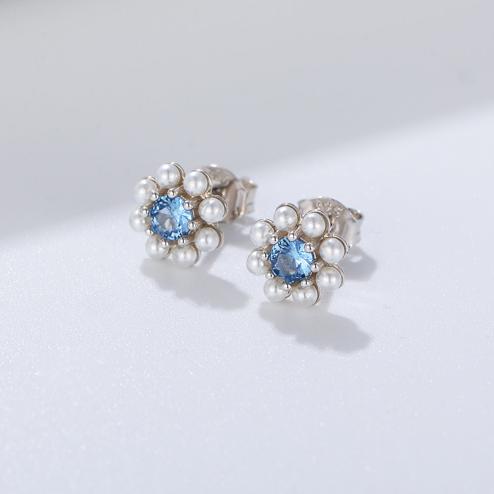 Blue Flower Design Pearls Stud Earrings