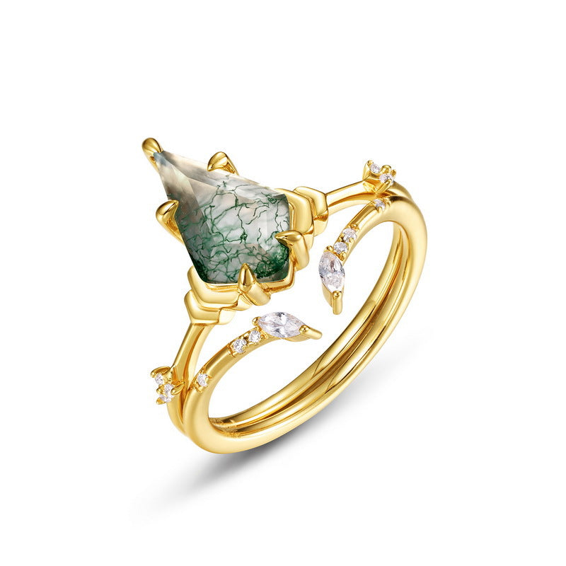 Natural Green Moss Sterling Silver Ring Set