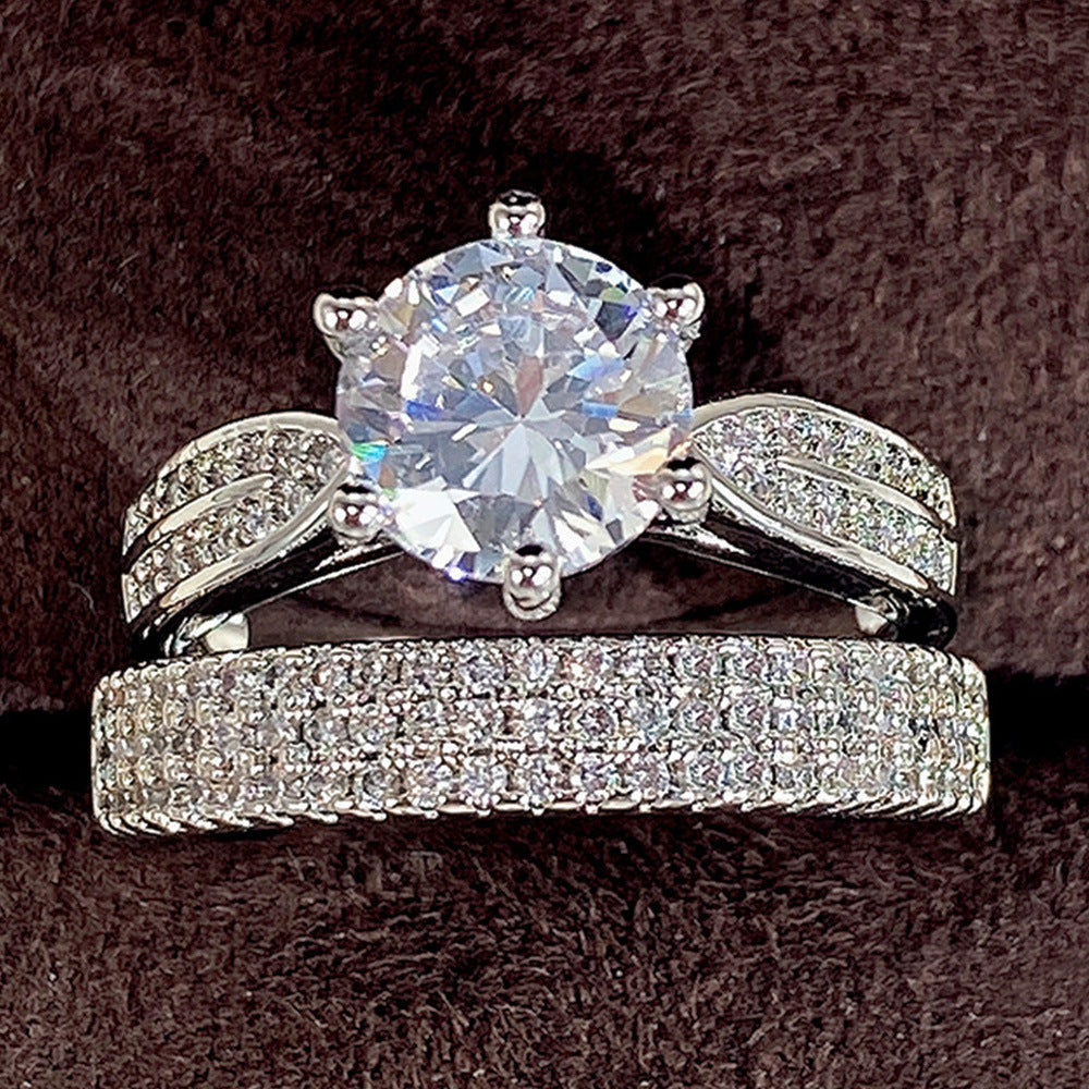 Classic 2-Piece Round Six-Prong Solitaire with Half Eternity Bands Bridal Ring Set in 925 Sterling Silver