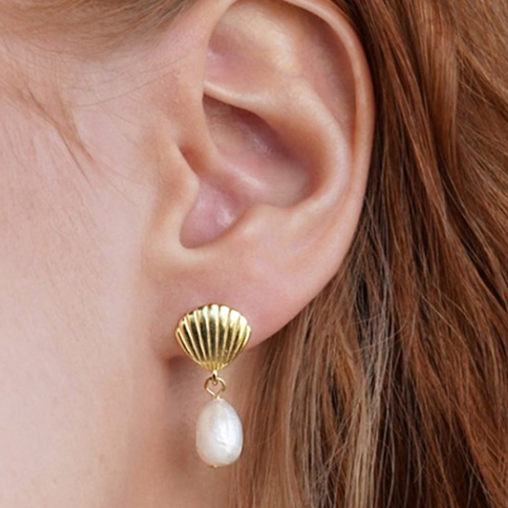Shell Design Sterling Silver Shell Pearl Earrings