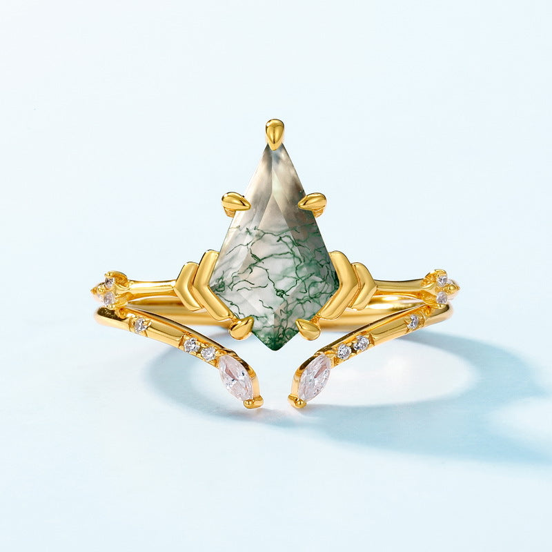 Natural Green Moss Sterling Silver Ring Set