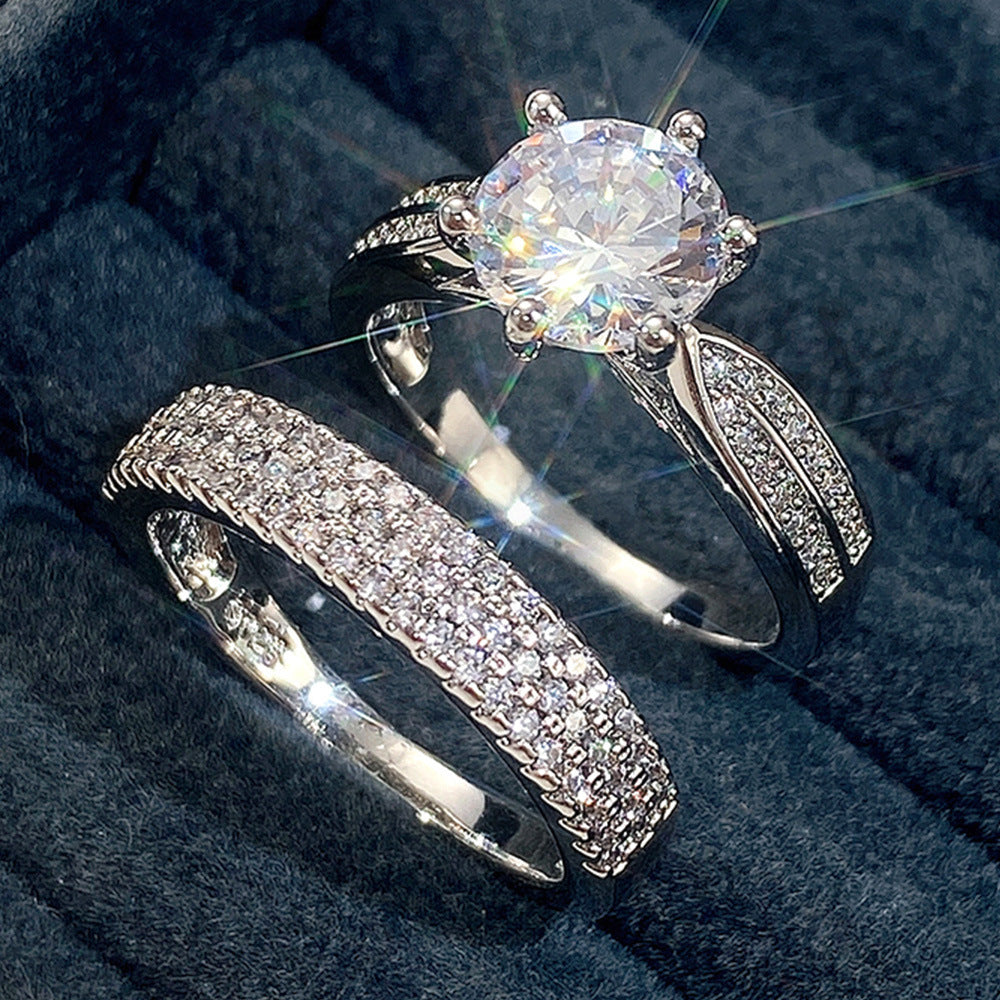 Classic 2-Piece Round Six-Prong Solitaire with Half Eternity Bands Bridal Ring Set in 925 Sterling Silver