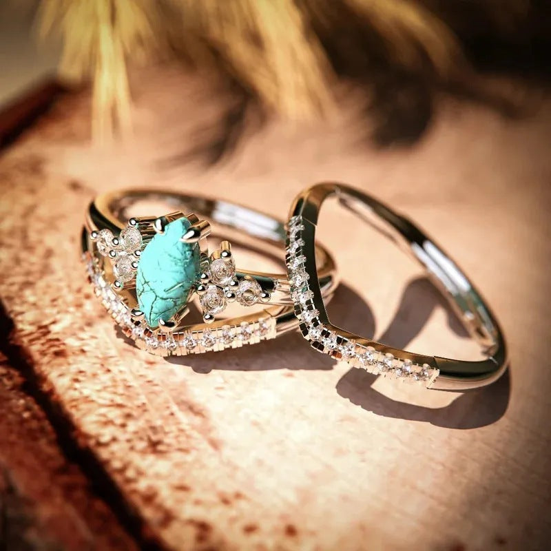 Vintage Turquoise Marquise Shape Ring Set