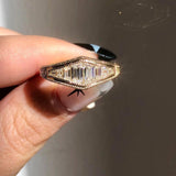 Solid Gold Baguette Moissanite Ring Set | Irregular Cut Art Deco Engagement & Leaf Promise Wedding Band