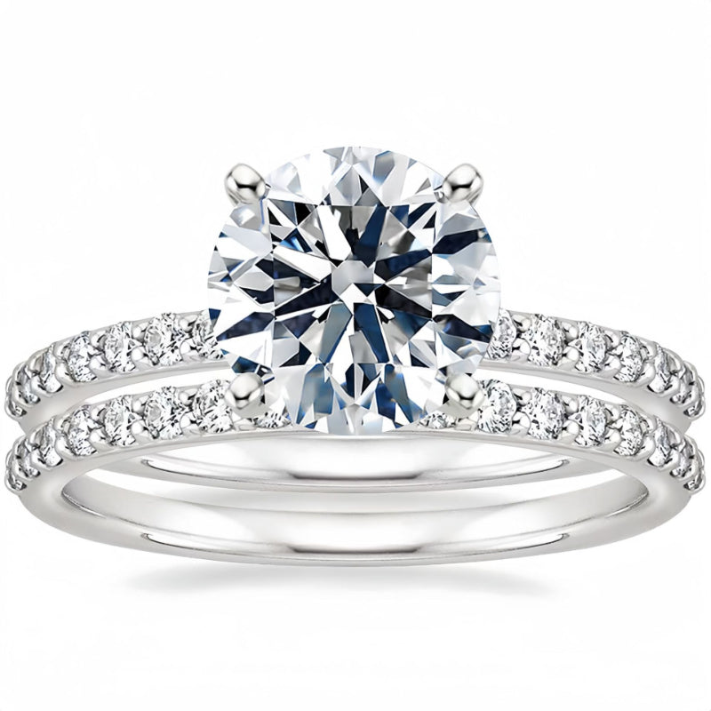 Classic 4 Prong Round Cut Sterling Silver Engagement Ring with Band