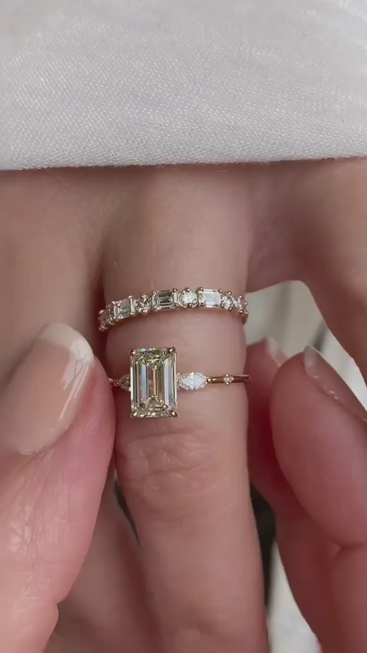 2pcs Luxurious Golden Tone Emerald Cut Three Stone Sterling Silver Bridal Set