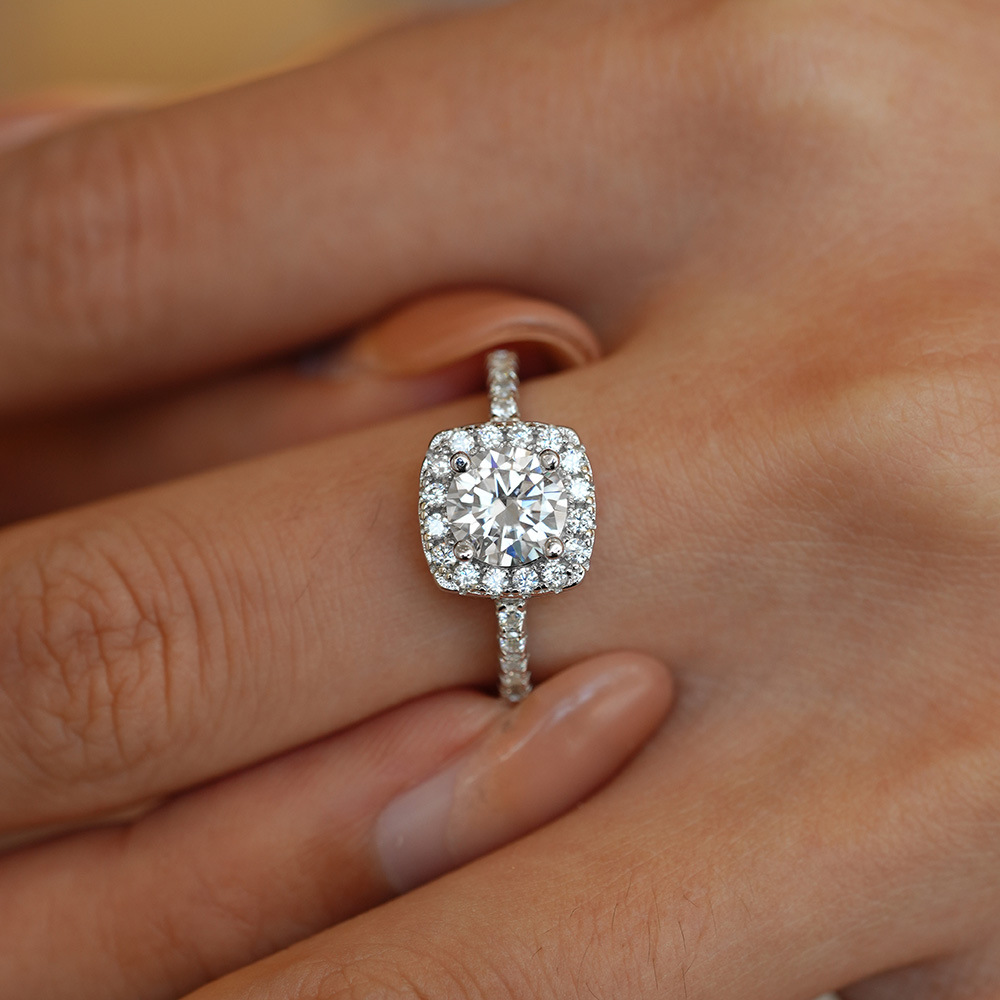 Moissanite Halo Round Cut Sterling Silver Engagement Ring
