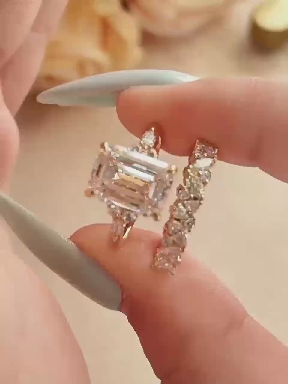 Daity Emerald Cut Three Stone Sterling Silver Bridal Set
