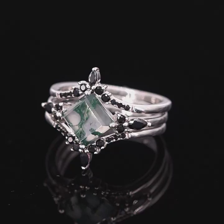 3 Pcs Geometric Natural Black And Green Moss Agate Ring Set