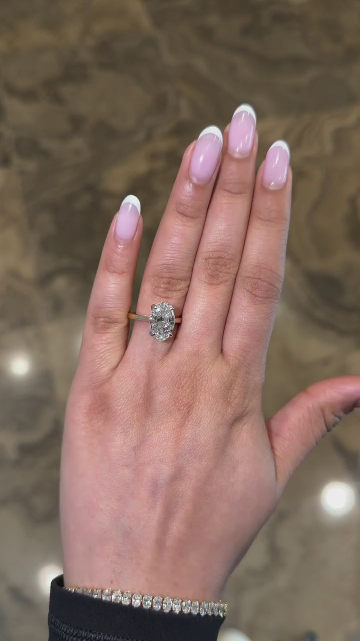 Elegant Golden Tone Oval Cut Sterling Silver Engagement Ring With Hidden Halo