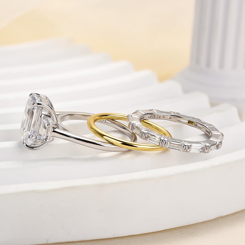 Emerald Cut Three Stone Engagement Ring & Wedding Band