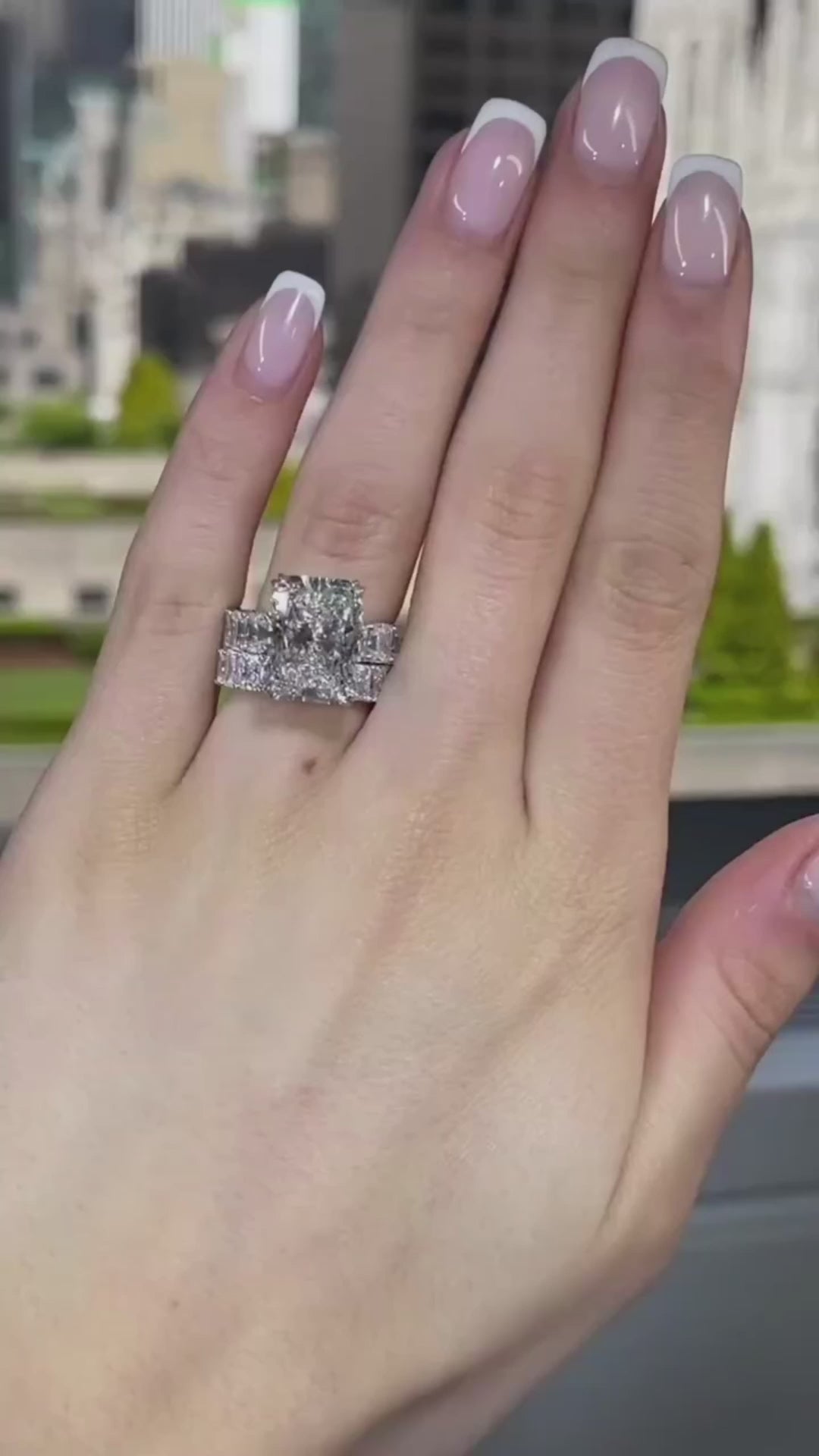 2Pcs Hidden Halo  Radiant Cut Sterling Silver Bridal Set Rings