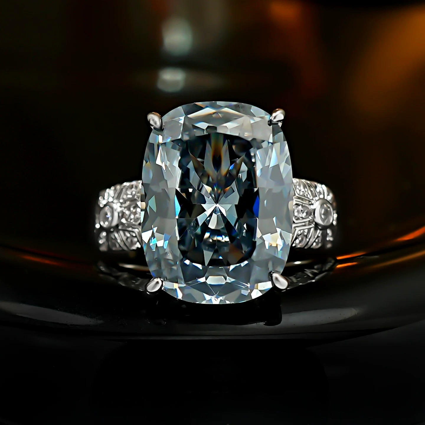 Vintage Radiant Cut Sterling Silver Engagement Ring with Art Decor Band