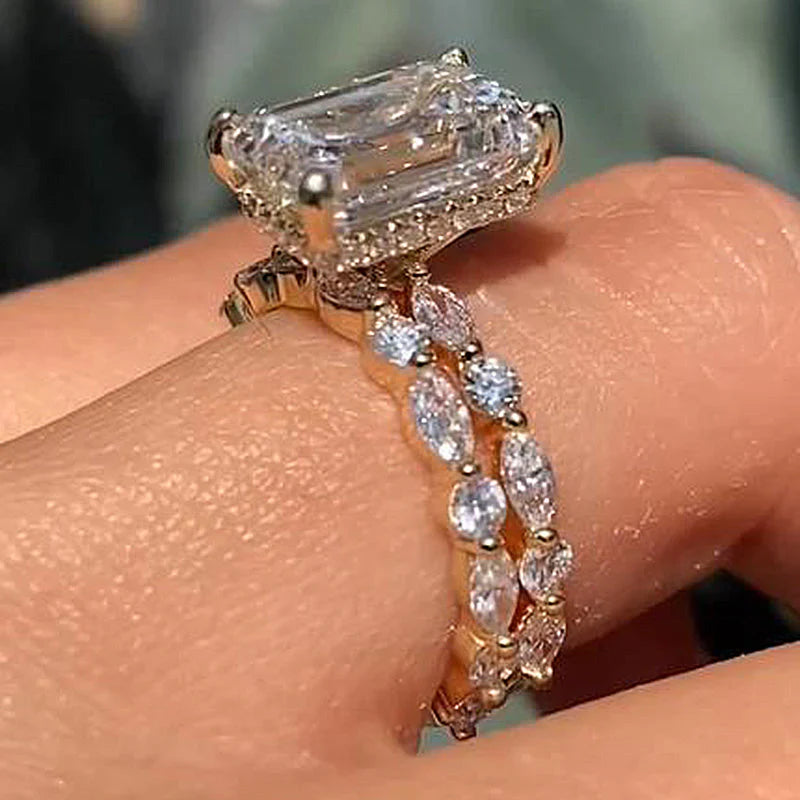 Unique Design Emerald Cut Sterling Silver Bridal Set In Golden Tone