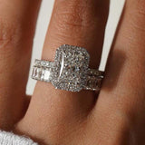 Radiant Cut Halo Engagement Ring & Eternity Wedding Band