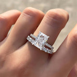 Solitaire Radiant Cut Bridal Set Rings with Round Cut Band In Sterling Silver