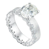 Elegant Textured Band & Side Stones Solitaire Oval Cut Sterling Silver Ring
